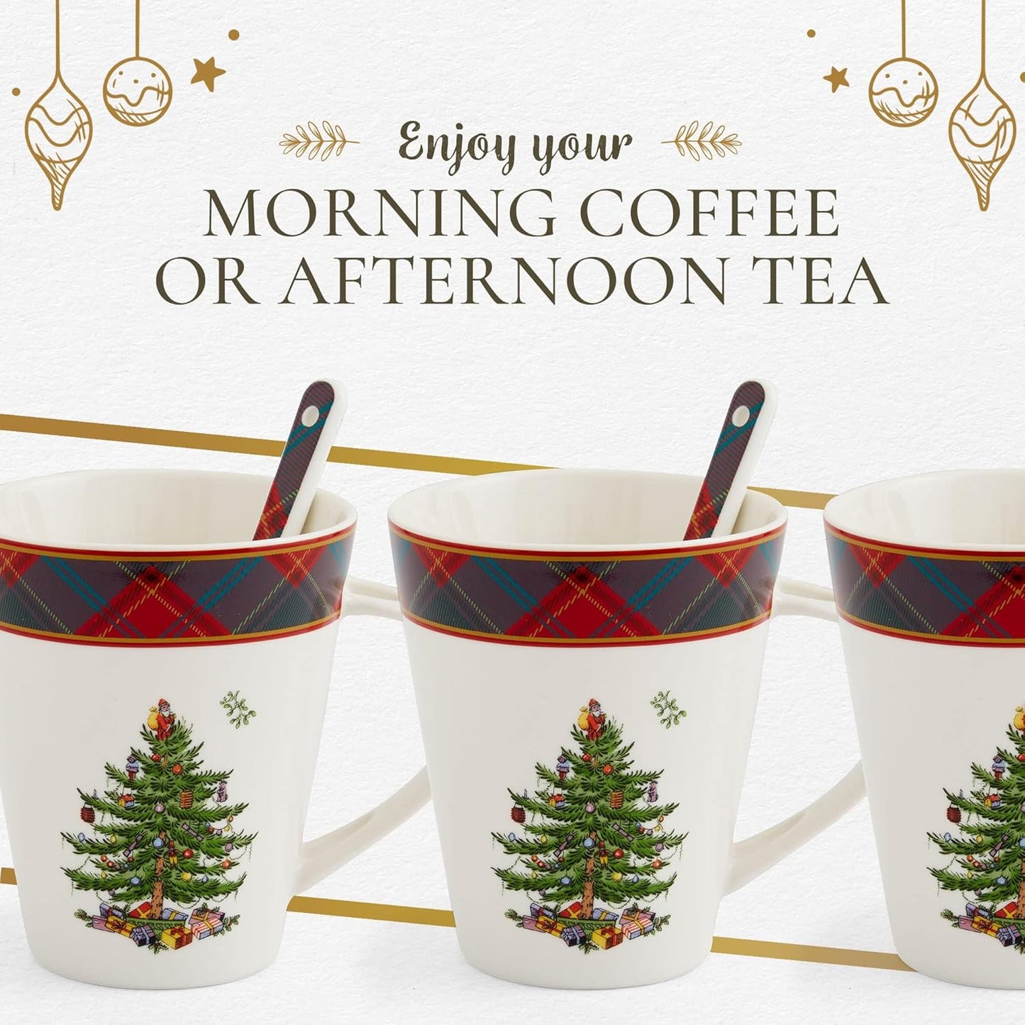 Spode Christmas Tree Mug & Spoon Set, 14 Oz Porcelain Mug for Coffee, Tea, Milk, Hot Cocoa - Festive Gift Box - Dishwasher & Microwave Safe - Holiday Collection Design for Gifting (Tartan)