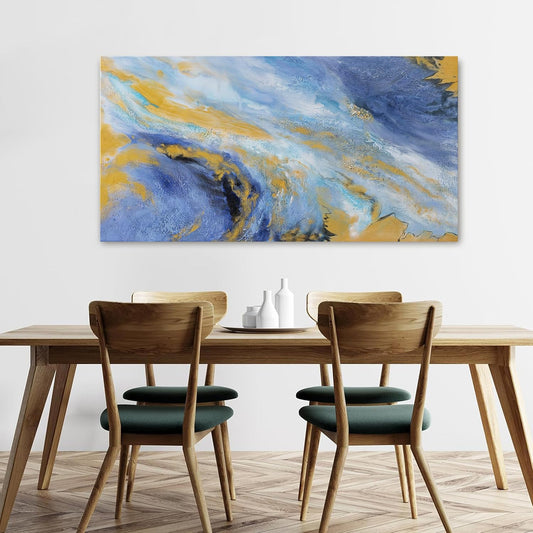 Canvas Wall Art Decor Large Blue Gold Wall Art Prints Modern Abstract Wall Art for Living Room Art Work for Wall Decor Azure - Gold Fluid Symphony Artwork for Walls Home Office Decor 24" X 48"