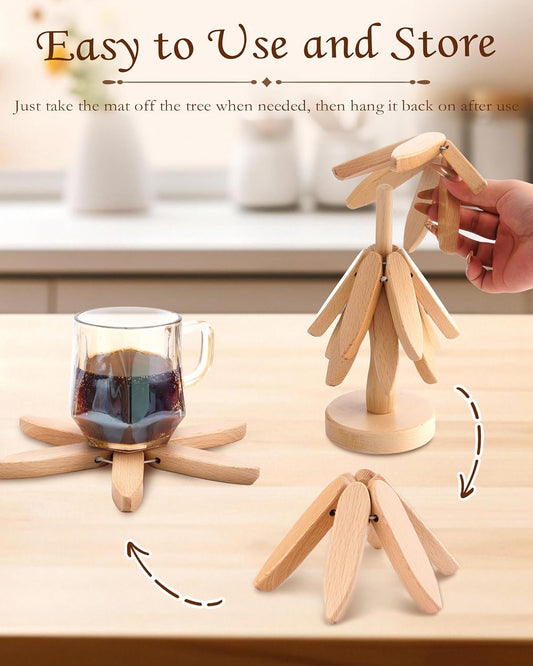 Tree-Shaped Placemats, Foldable Heat Resistant Anti-Stain Wood Trivet for Hot Dishes Pans, All-in-1 Set, 3PCS Easy-Cleaning Walnut Wood + Stand Coasters