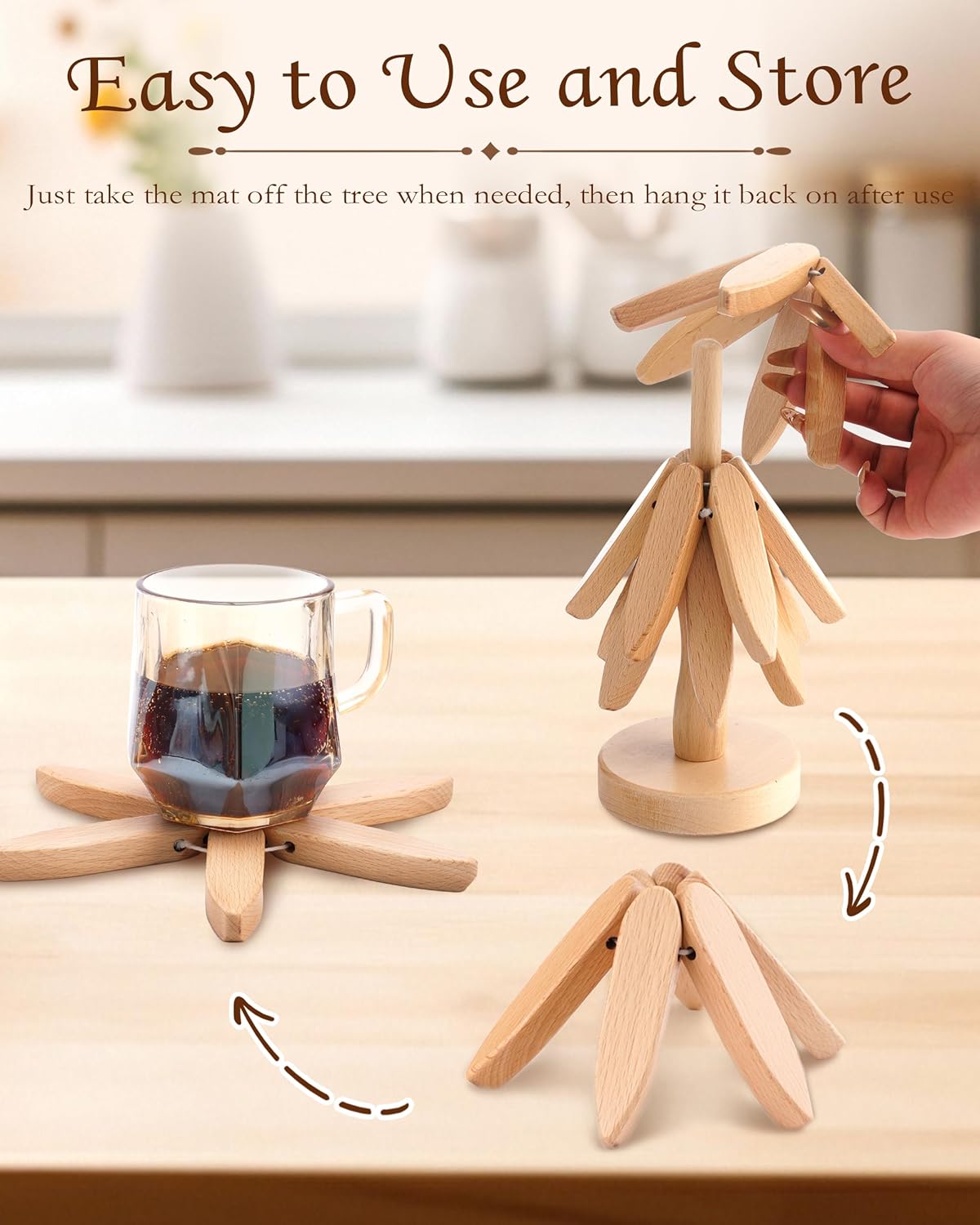 Tree-Shaped Placemats, Foldable Heat Resistant Anti-Stain Wood Trivet for Hot Dishes Pans, All-in-1 Set, 3PCS Easy-Cleaning Walnut Wood + Stand Coasters