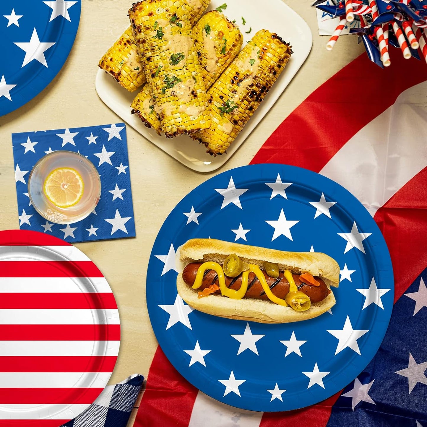 4th of July American Flag Patriotic Party Supplies Disposable Paper Plates Napkins Cocktail Napkins Cups Tablecloth and Banner for Election Day 4th of July Independence Day Decorations, Serve 25