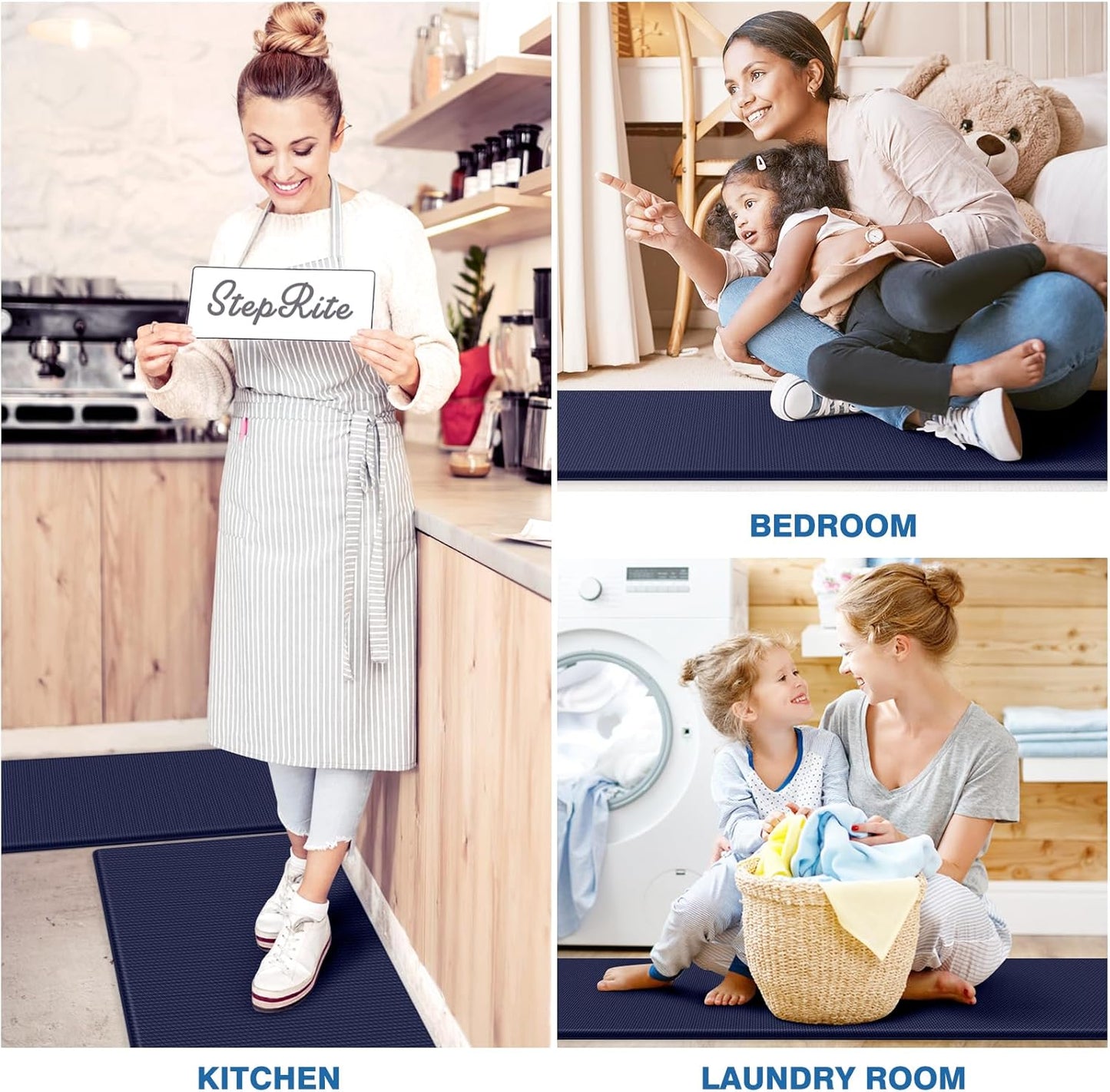 StepRite Kitchen Mats, 2PCS Kitchen Rugs, Cushioned Anti Fatigue Kitchen Mats for Floor, Non-Slip Standing Desk Mat, Waterproof Kitchen Rug Set for Kitchen, Floor, Office, 17.3"x30"+17.3"x47", Blue