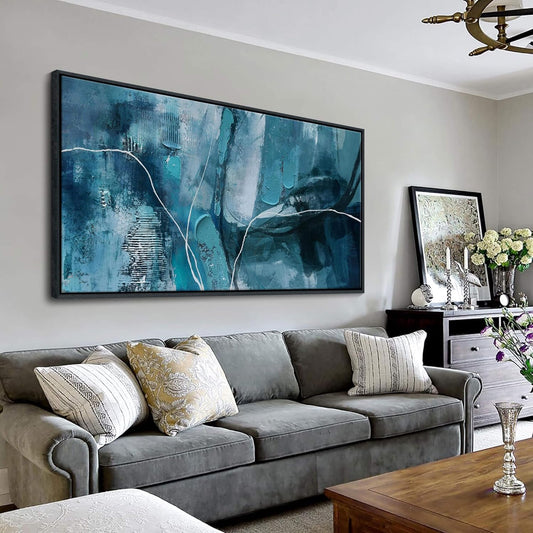 Abstract Canvas Wall Art -Blue-Green and Fan Art Large Wall Decor for Living Room Bedroom Decoration Framed Teal Pictures Artwork for Walls Size 29x58Inches