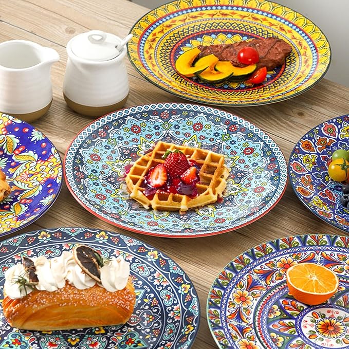 glowworm Dinnerware Sets for 6, 18 Pieces Plates and Bowls Set, Ceramic Dishes Set for 6, Oven, Microwave & Dishwasher Safe, Scratch Resistant, Bohemian