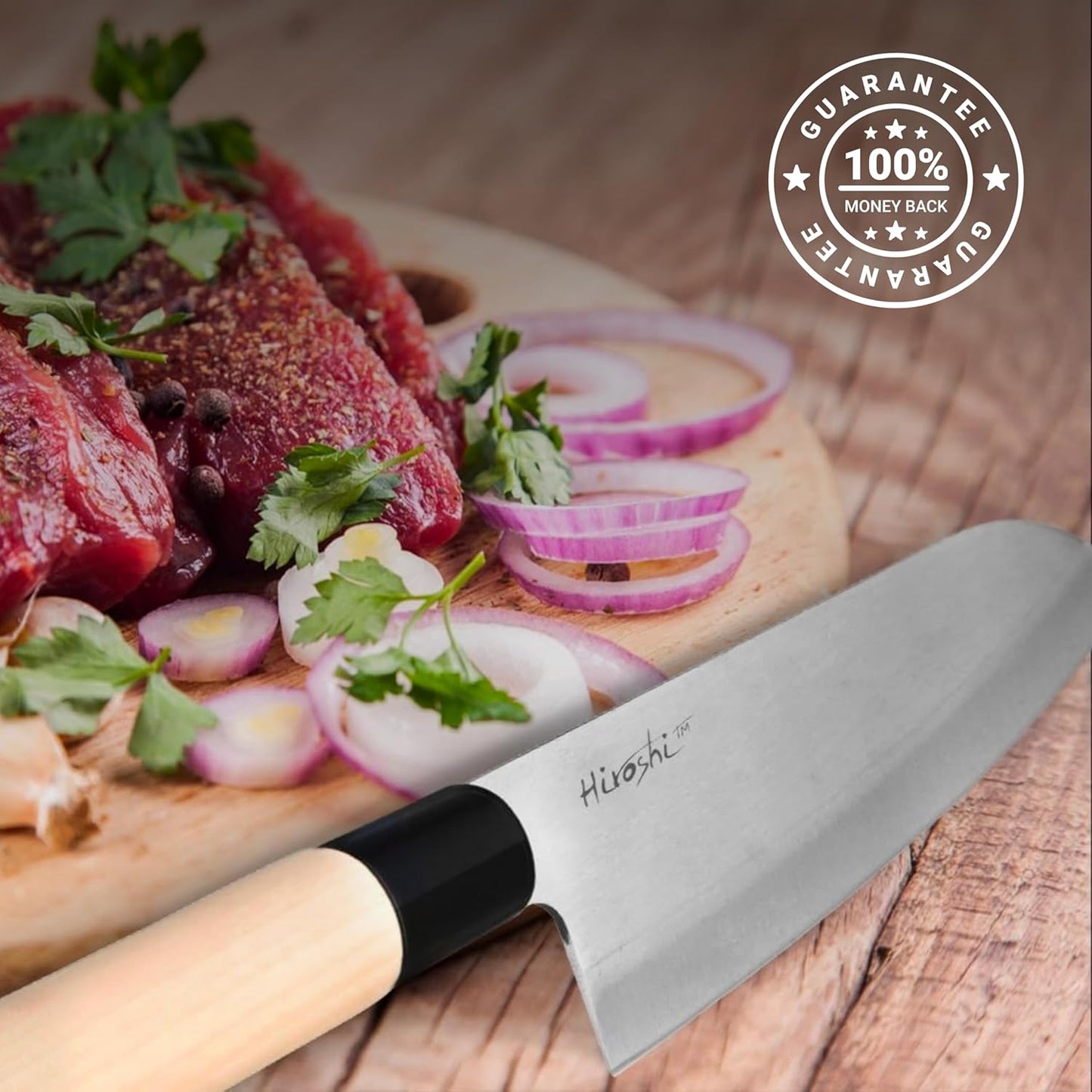 HIROSHI Sushi & Sashimi Knife Set – 4-Piece High Carbon Stainless Steel Japanese Chef Knives with Beech Wood Handle – Professional Kitchen Knife Set for Precision Cutting