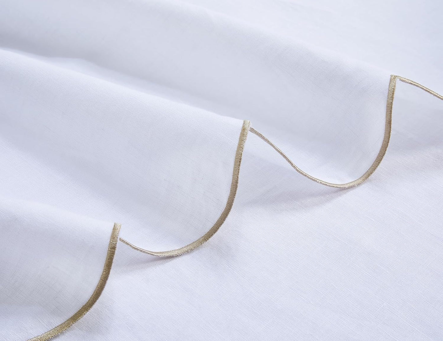 100% Pure Linen Scalloped Embroidery Rectangle Tablecloths 108Lx60W Inch for Dinners, Parties, Spring, Machine Washable, 8-10 Sets, White(Edges-Gold)