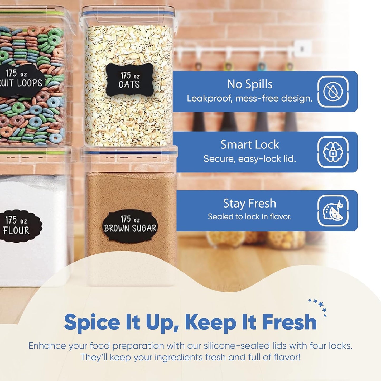 Chef's Path Large Airtight Food Storage Containers with Lids, Pack of 2, 5.2L, 175Oz, Airtight Kitchen and Pantry Bulk Canisters for Flour, Sugar, Rice, and Baking Supplies - Transparent