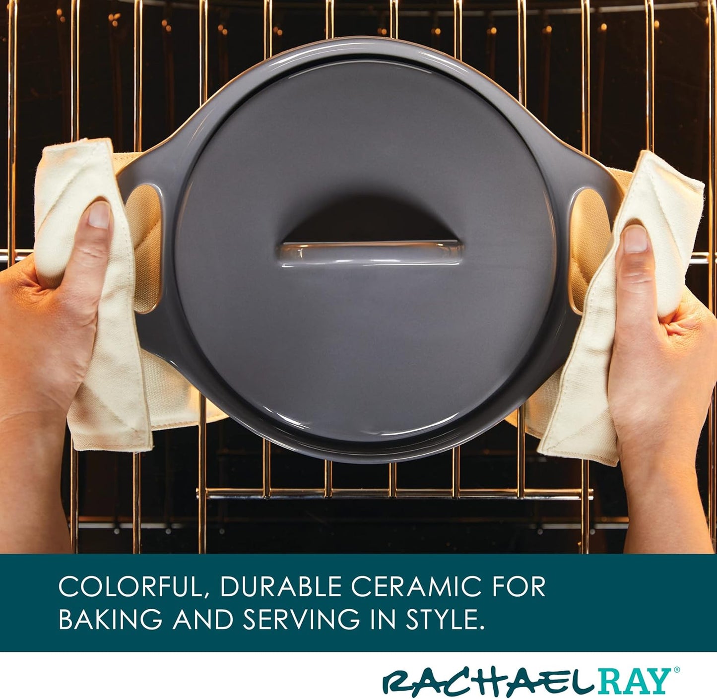 Rachael Ray Solid Glazed Ceramics Casserole Bakeware/Baker Set with Shared Lid, 3 Piece, Dark Gray