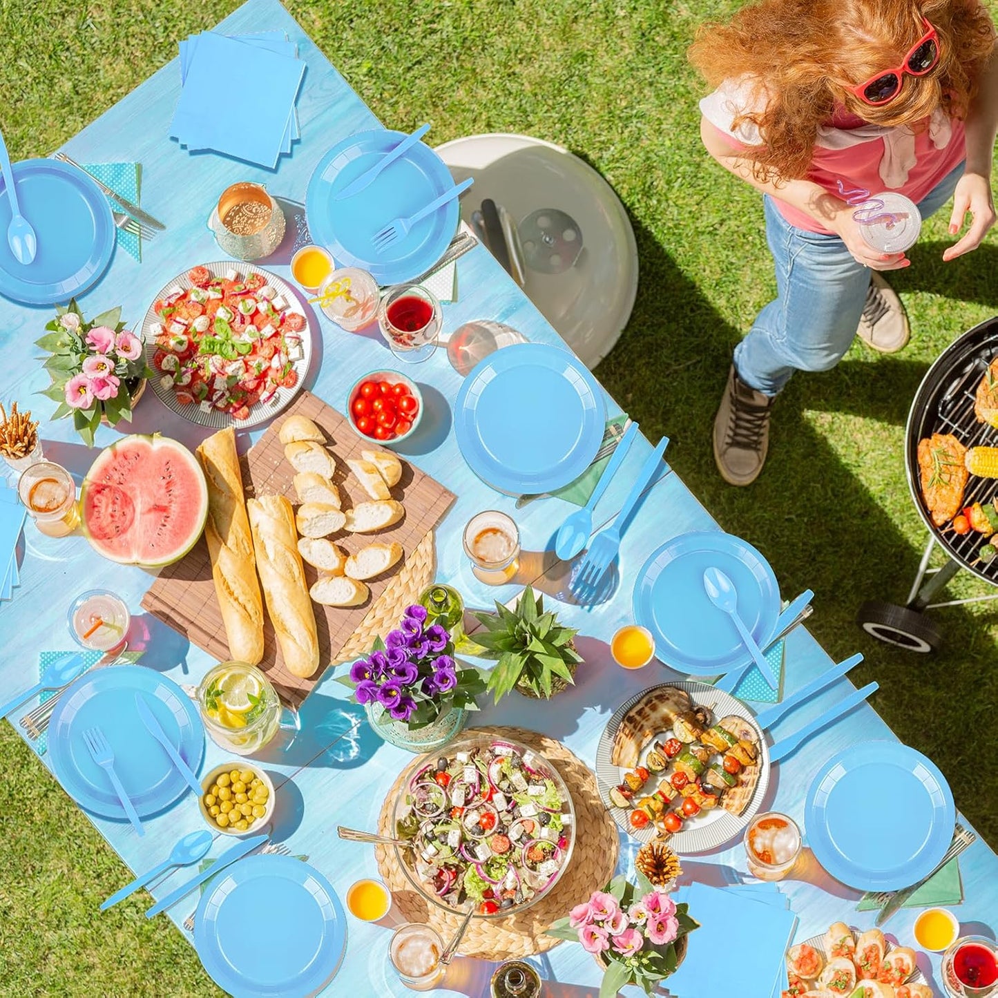 TWOWYHI 229PCS Light Blue Party Supplies Set Paper Disposable Plates Cups Plastic Spoons Forks Knives Light Blue Napkins for 30 Guests Disposable Party Dinnerware Sets for Wedding Birthday Parties