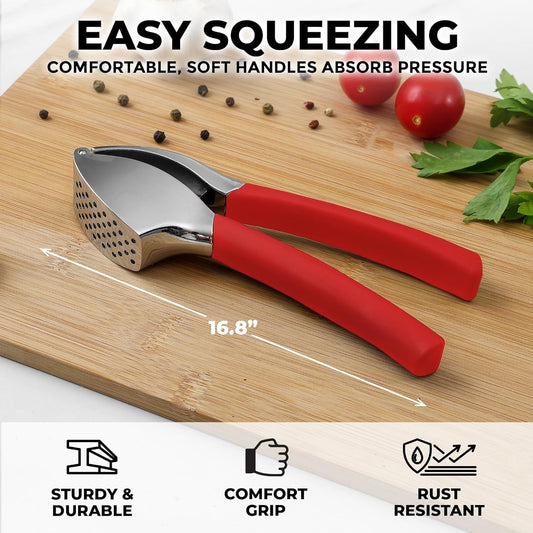 Zulay Kitchen Comfort Grip Garlic Press - Garlic Mincer Tool - Garlic Crusher - Garlic Press Mincer Rust Proof, with Soft Ergonomic Handle, Easy Clean Set with Peeler and Brush - Red