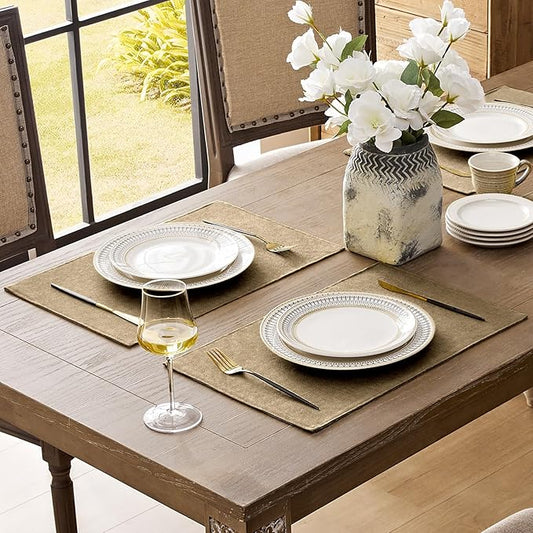 Romanstile Cloth Placemats Set of 8-12 x 18 Inch, Heat Resistant Double Layered Thickened Burlap Place Mats, Washable Faux Linen Farmhouse Table Mats for Kitchen/Dining/Party/Outdoor, Khaki