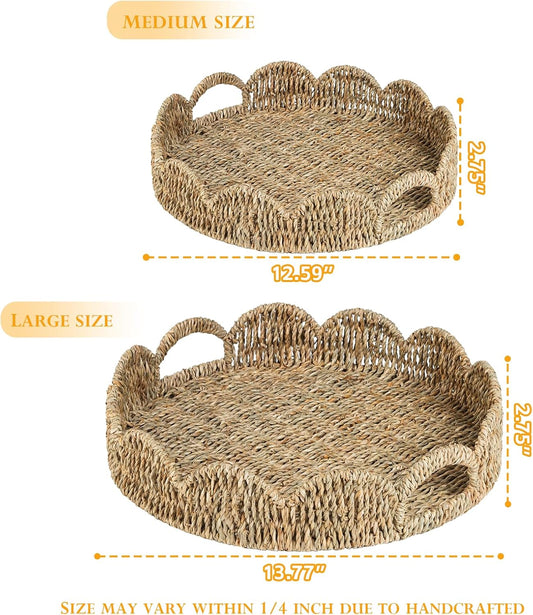 Scalloped Serving Tray, 13.8" Woven Round Table Decor Tray, Wicker Rattan Basket with Handles, Natural Seagrass Tray for Room Decor, Set of 2