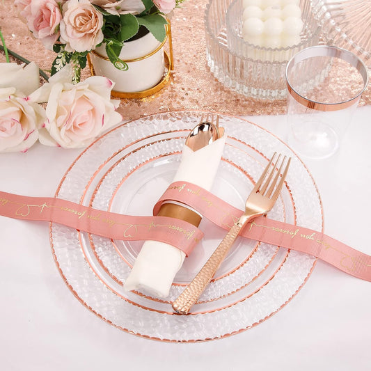Liacere 350PCS Rose Gold Plastic Plates-Clear Rose Disposable Plates 50 Guests include 50 Dinner Plates,50 Salad Plates,50 Forks,50 Knives,50 Spoons,50 Cups,50 Napkins for Wedding&Party&Mother's Day