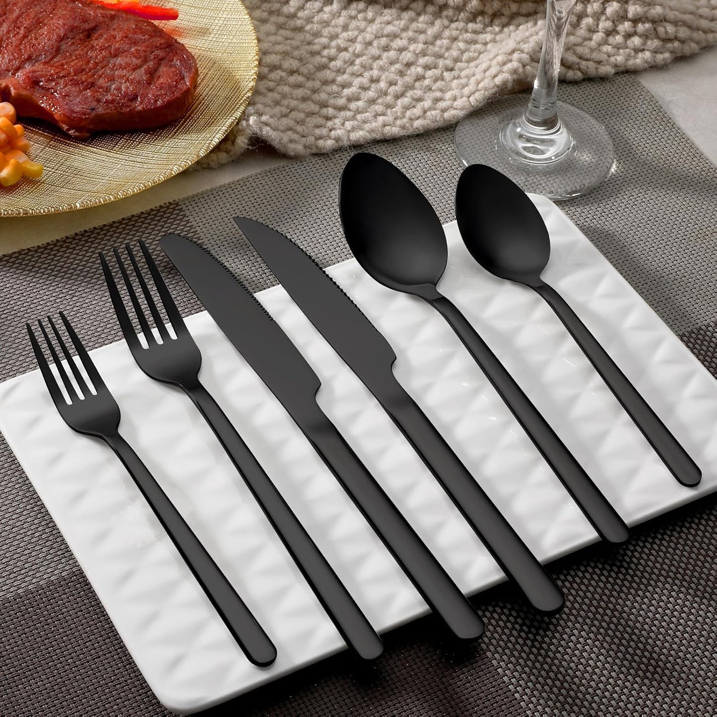 24 Pcs Black Silverware Set with Steak Knives, Food-Grade Stainless Steel Flatware Cutlery Set for 4, Mirror Polished Tableware Eating Utensils Set for Kitchen, Knife Fork Spoon Set, Dishwasher Safe