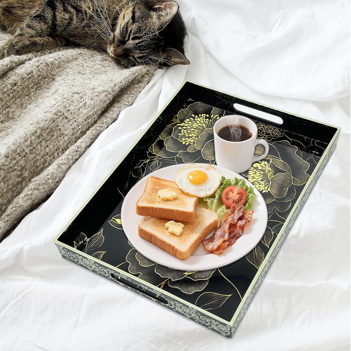 Serving Tray with Handles, 15.7 * 11.8 inches, Plastic Ottoman Tray with Exquisite Paintings, Trays for Coffee Table