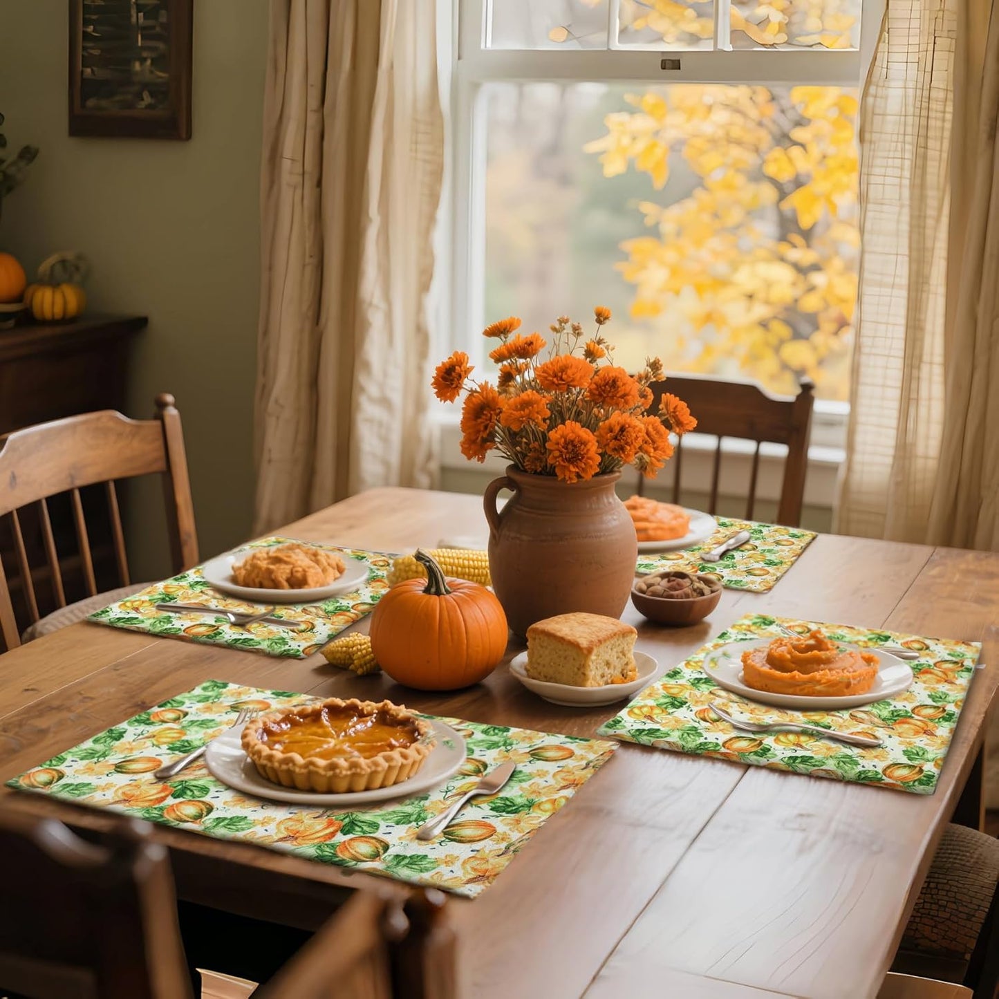MANSPHIL Fall Pumpkin Placemats Set of 4 Thanksgiving Fabric Place Mats Autumn Harvest Table Decor - Farmhouse Table Mats for Dining Kitchen Washable Wrinkle Free 13x19 Inch Oeko Tex Placemat