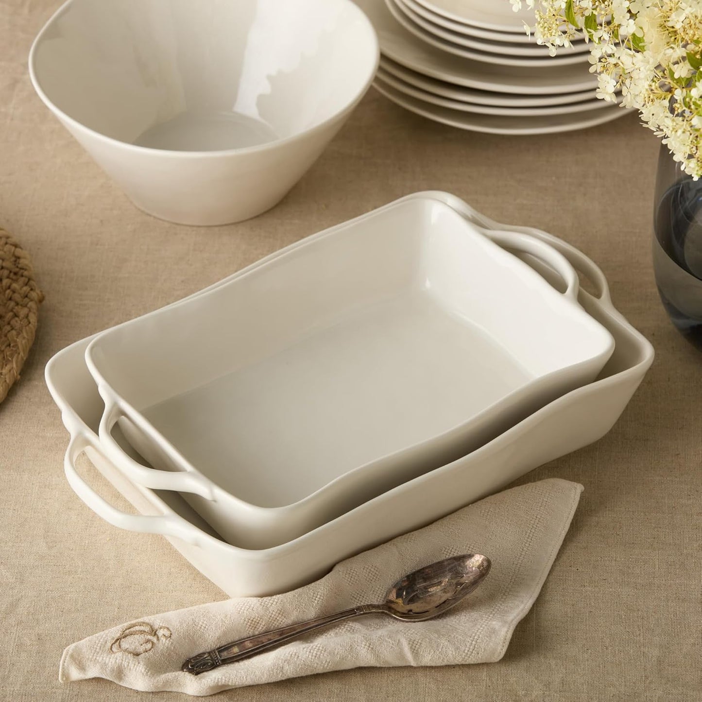 Linen Cream Stoneware Rectangular Baker 14"x8.75"x2.75" – Medium Neutral Glazed Bakeware for Casseroles, Bakes & Oven Meals – Modern Farmhouse Stoneware Cookware, Oven-to-Table Style