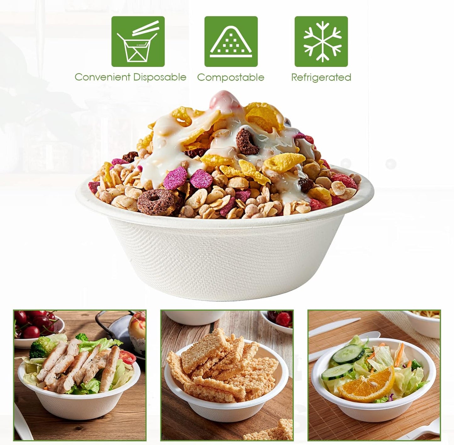 Vplus 500 Pack 12 OZ Paper Bowls Bulk, Disposable Compostable, Eco-friendly Bagasse, Heavy-duty Bowls Perfect for Milk Cereals, Snacks, Salads