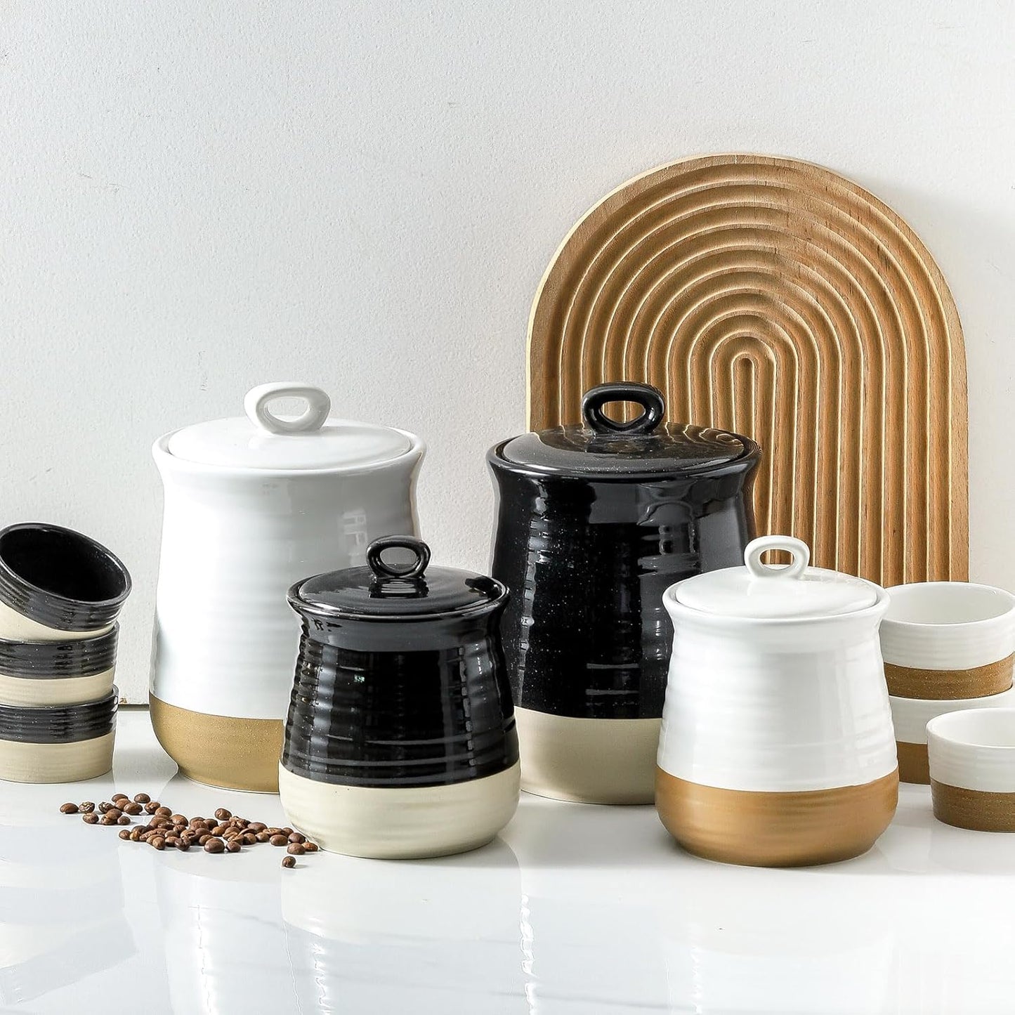 Ceramic Food Storage Jar,Coffee Canister for Countertop with Lids Airtight,Large Flour,Spices,Beans,Rice and Candies Containers for Kitchen and Home,Farmhouse Kitchen Decor,35 OZ Black