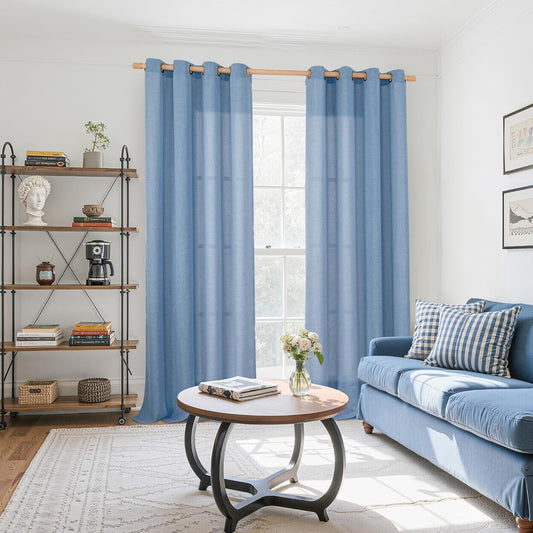 YoungsTex Denim Blue Linen Curtains 90 Inch Length for Living Room, Light Filtering Semi Sheer Window Drapes with Bronze Grommet Privacy for Office Bedroom, 52 x 90 Inch, 2 Panels