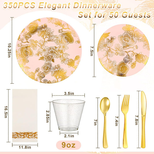 Tioncy 350 Pcs Gold Floral Plastic Dinnerware for 50 Guests Disposable Dinnerware Set Include Plates, Forks, Knives, Spoons, Cups, Napkins for Christmas Party Wedding Baby Shower(Pink Base Color)