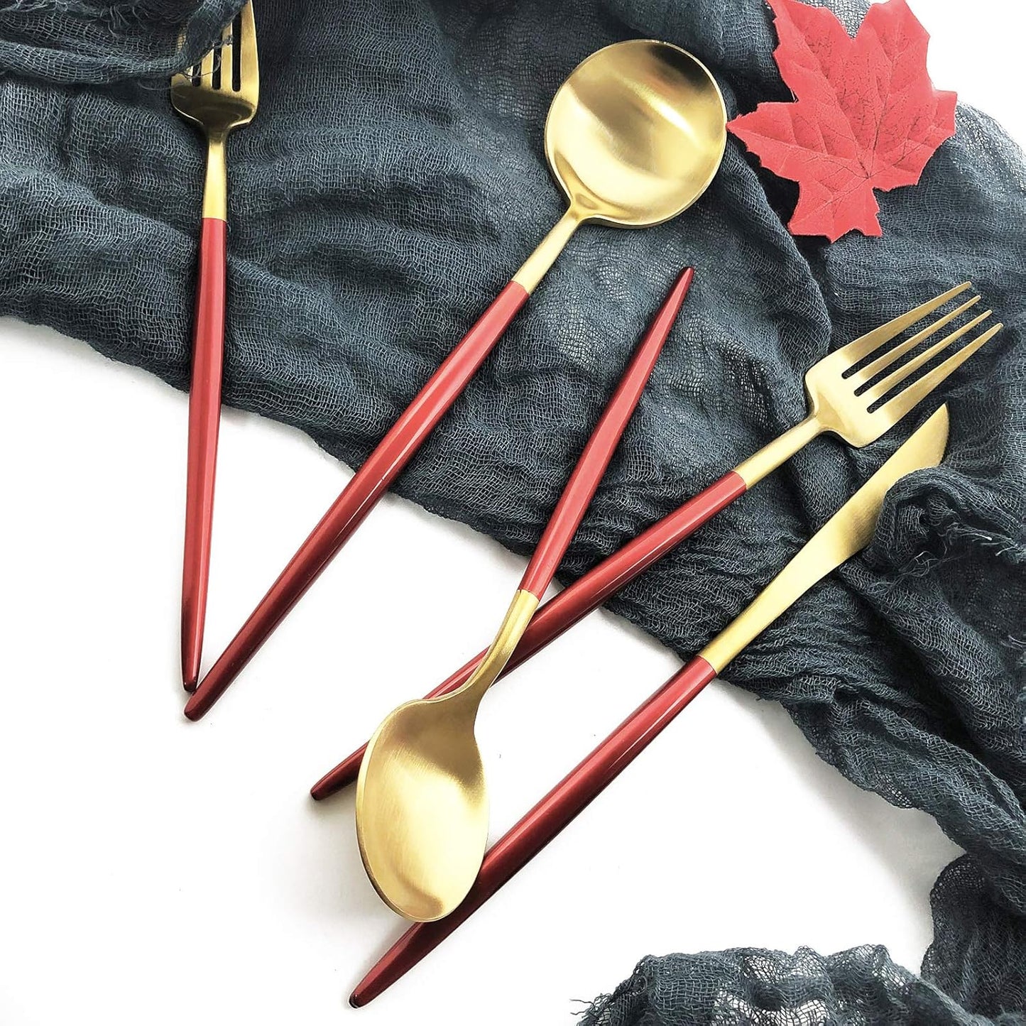 Silverware Set, Hand polished Matte Gold Red Flatware Cutlery Set Service for 2, Satin Finish 10 Pieces 18/10 Stainless Steel Utensils Set for Home and Restaurant, Dishwasher Safe