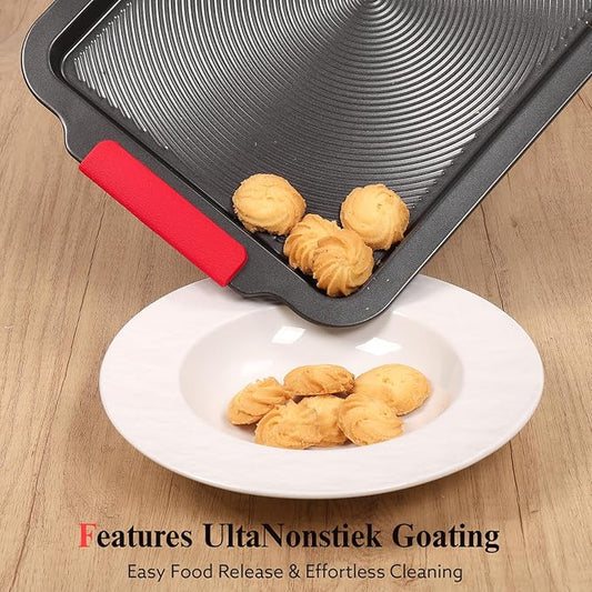 Baking Sheet with Circle Grooves, 1-Piece 16x11in Nonstick Cookie Sheets for Baking & Roasting, Baking Pans with Red Grips, PFAS/PTFE Free,Gray