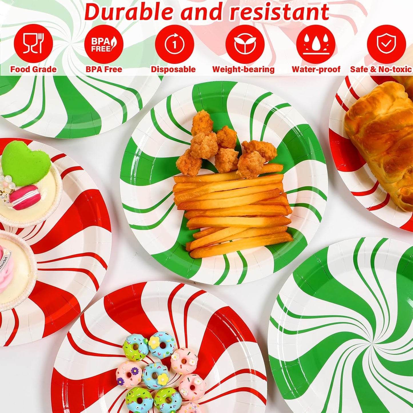 48Pcs Christmas Peppermint Candy Paper Plates Christmas dessert Cake Plates Candy Mint Happy New Year Disposable Party Supplies Set Holiday Xmas Peppermint Red Green Striped Decorations 7Inch