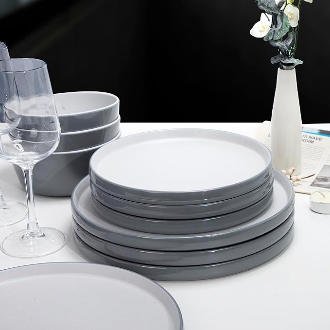 Melamine Dinnerware Sets, Dishware Sets for 4, 12 Pcs Plate and Bowl Set with Lipped Edges, Lightweight Dish Set for Camping,Dishwasher Safe,Good for Housewarming(Light Grey,White)