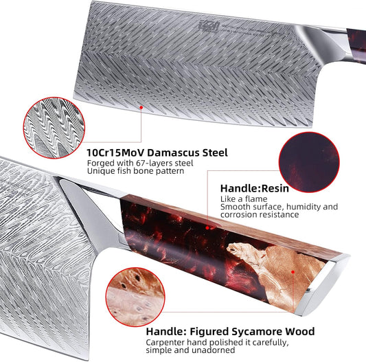 FINDKING Nebula Series Cleaver Knife, Multipurpose Chinese Chef Knife, 10Cr15CoMov Damascus Steel Blade, Resin and Figured Sycamore Handle, Full Tang, 7 Inch, Red, for Meat, Vegetable Shredding