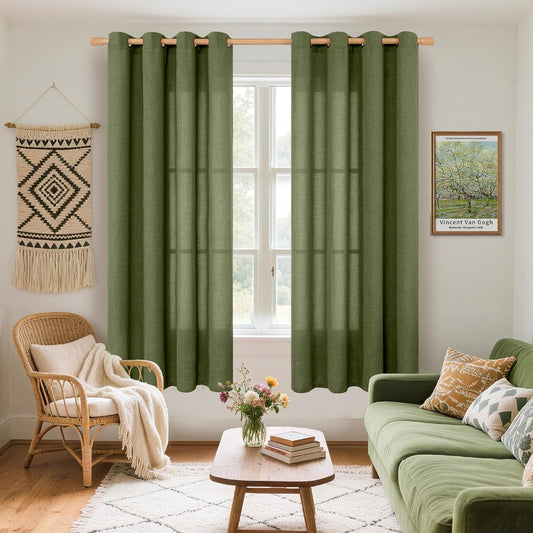 YoungsTex Olive Green Linen Curtains 63 Inch Length 2 Panels for Living Room, Semi Sheer Drapes Light Filtering with Bronze Grommet Textured Privacy for Office Bedroom, 52 X 63 Inch