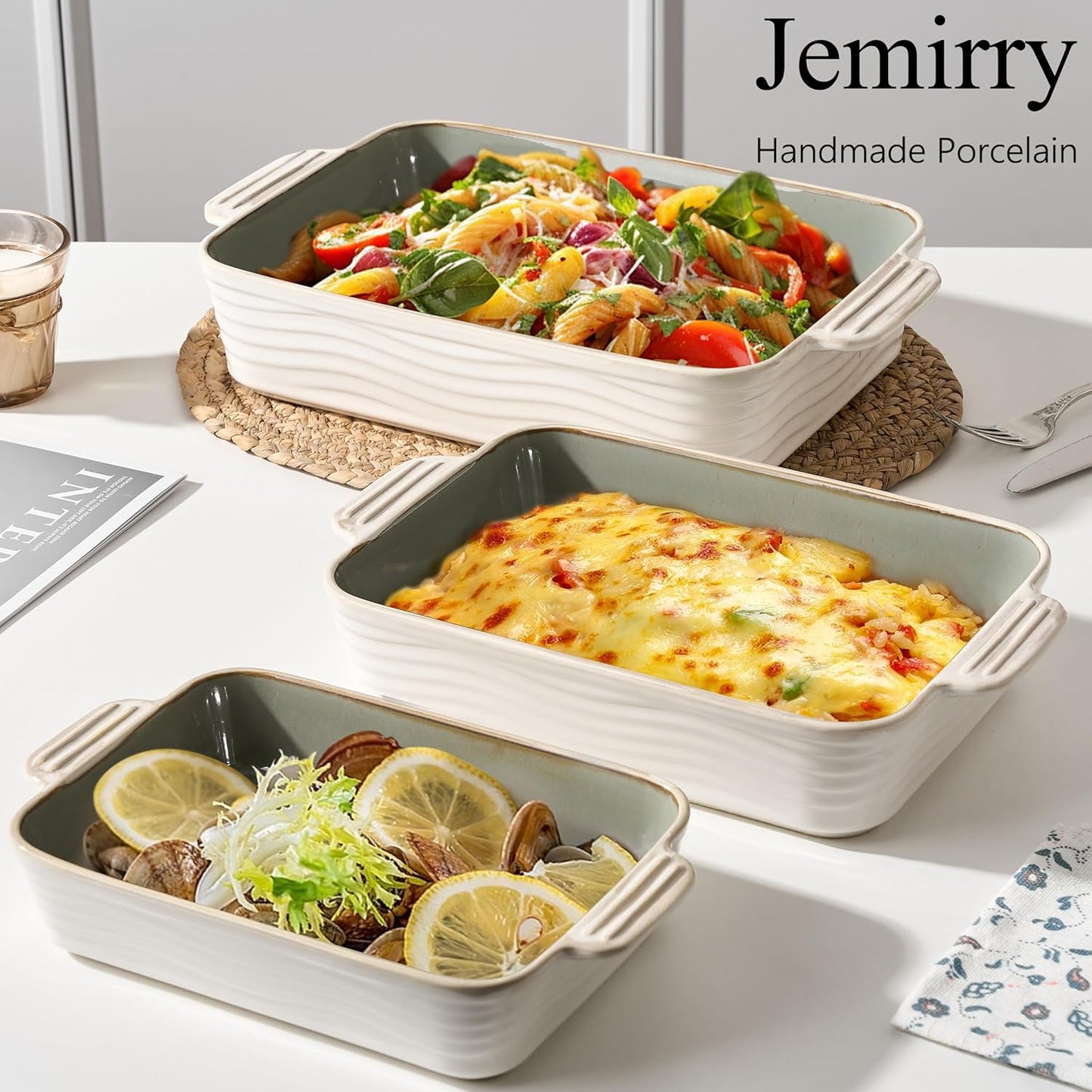 Ceramic Baking Dish Set of 3, Casserole Dishes for Oven, Square Porcelain Bakeware Set with Handles, Lasagna Baking Pan for Cooking, Perfect for Baking and Serving, Housewarming, Halloween, Thanksgiving, Christmas, New Year-White&Green