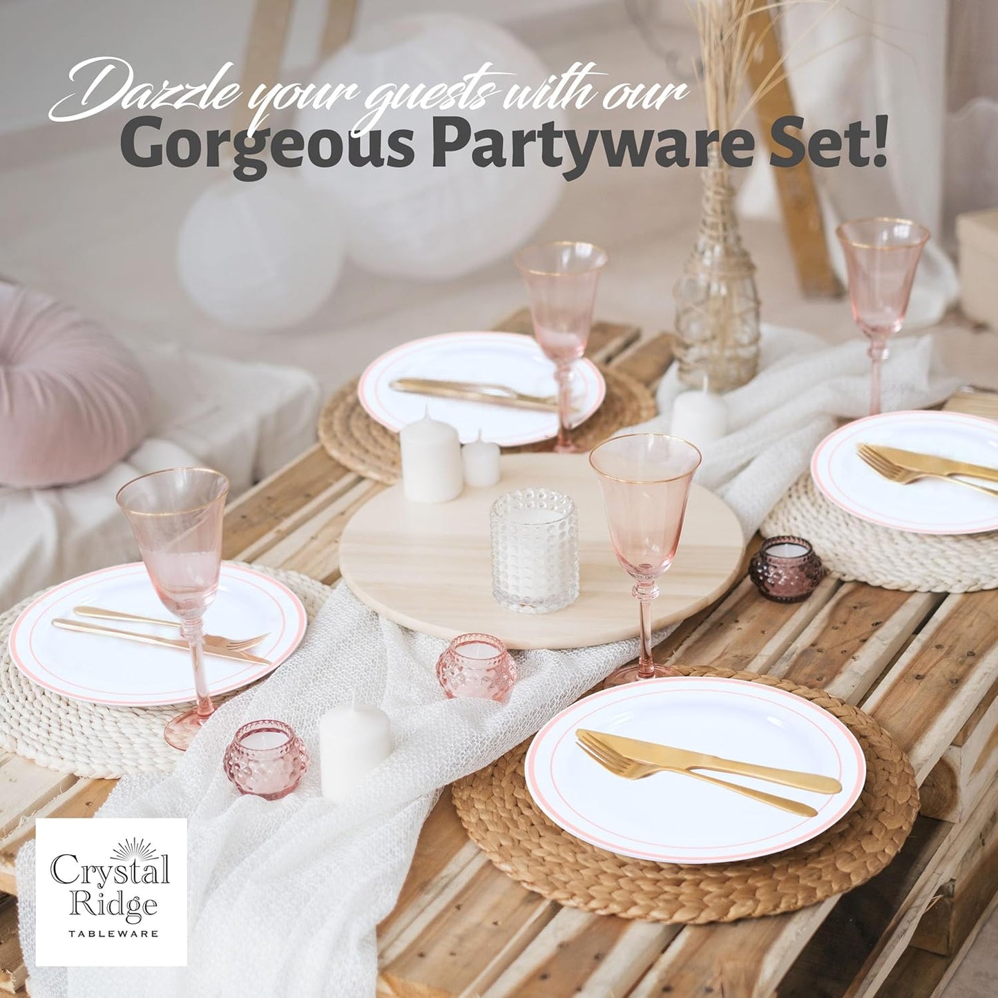 60 Pieces White Plastic Disposable Plates - Premium Heavy-Duty 30 Dinner Plates & 30 Salad Plates with Pink Rim Ideal for Party, Birthday and Special Events