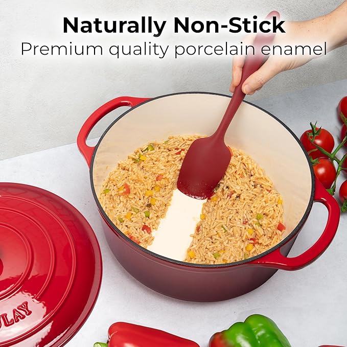 Zulay Kitchen 6 Quart Enameled Cast Iron Dutch Oven Pot with Lid – Premium Durability & Oven Safe up to 500°F – Heavy Duty Cookware Perfect for Bread Baking, Stews, Braising & Roasting – Red