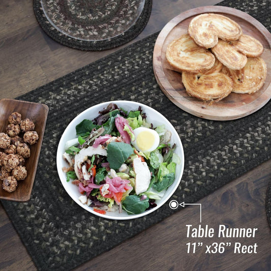 Homespice Jet Black Jute Braided Long Table Runner, Warm Primitive Decor, Rectangle 11x36 - Rich Colors, Easy to Clean, Durable and Protects Furniture