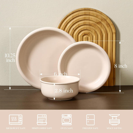 GZG Vintage Series - Ceramic Dinnerware Set for 8, 24 Pieces Stoneware Plates and Bowls Set, Lead-Free, Handcrafted Dishes Set, Microwave & Dishwasher Safe - Cream White