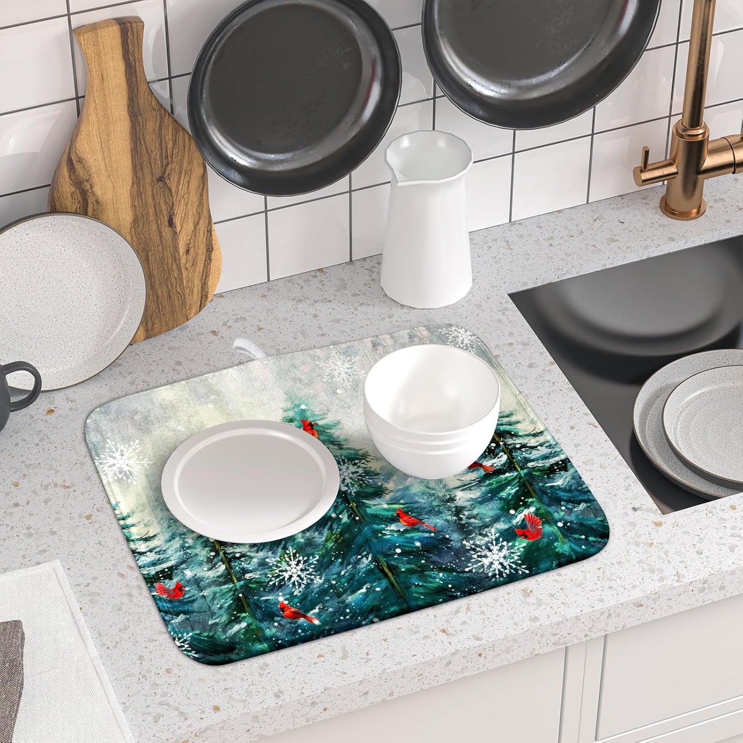Pine Tree Dish Drying Mat for Kitchen Countertop Red Bird Dishes Mats Winter Decorative Absorbent Reversible Drainer Rack Pad 16x18 Inch