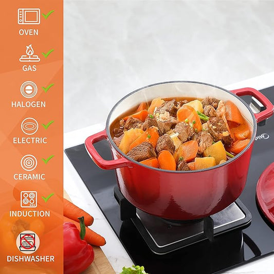 Velaze 6 QT Enameled Cast Iron Dutch Oven, Dual Handles Pot with Lid, Heavy-Duty Non-stick Round Oven for Bread Baking, Stewing, Roasting, Good Sealing for All Heat Source (Red)