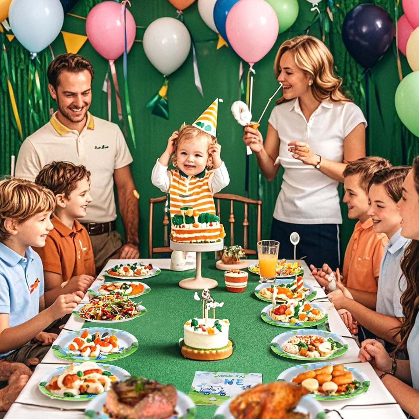 Grencian 96 Pcs Golf First Birthday Party Supplies Hole In One Plates and Napkins Forks Tableware Set for Kids Boys 1st Birthday Party Decorations Golf Ball Sport Game Club Serves 24