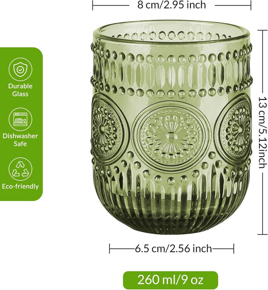 Joeyan Vintage Drinking Glasses Set of 4,9 oz Embossed Sunflower Small Water Glass Tumbler Cups,Colored Romantic Beaded Glassware for Beverages Cocktail Juice Wine,Multicolor,Dishwasher Safe