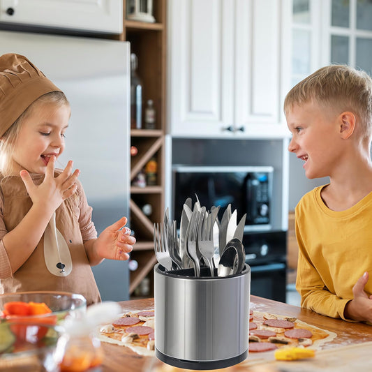 Kitchen Utensil Holder Extra Large 360°Rotating For Counter Organizer Stainless Steel Storage Cooking Silverware Caddy 3 Compartment Flatware Spoon Spatula Tool Cutlery Container