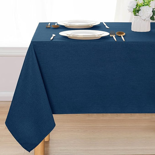 DWCN Faux Linen Tablecloth Rectangle - Fabric Waterproof Spill-Proof Wrinkle and Stain Resistant Tablecloths Decorative Farmhouse Table Cover for Kitchen Dining Party, 60 x 102 Inch, Navy Blue