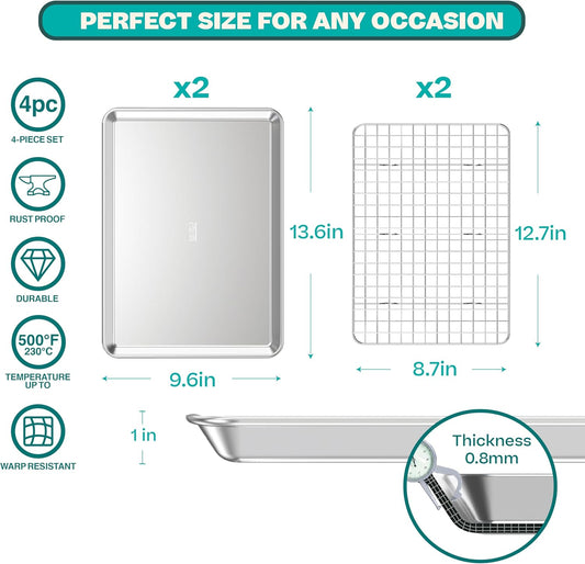 100% Recycled Aluminum by Baker's Secret, Bakeware Set 4pcs, 2x Baking Trays for Oven Cookie Sheet 18" with 2x Stainless Steel Rack, Non Toxic- PTFE,PFAS,PFOA Free - The Natural Aluminum Collection