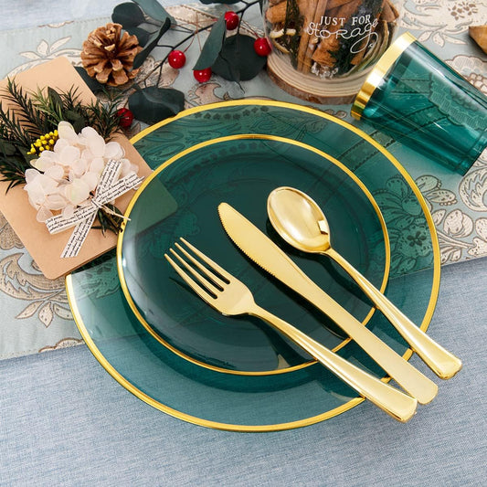 LIYH 180 Pcs Clear and Green Gold Plastic Christmas Plates - Emerald Green Disposable Plastic Dinnerware Sets, Include Dishes, Tableware, Cups for Party & Christmas & Wedding 30 Guests