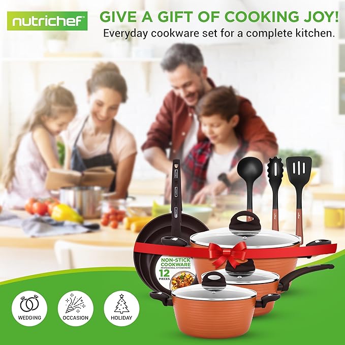NutriChef Professional 12-Piece Brown Nonstick Cookware - PFOA/PFOS-Free, Heat Resistant Lacquer, Elegant Design, Multi-Sized Pots and Pans
