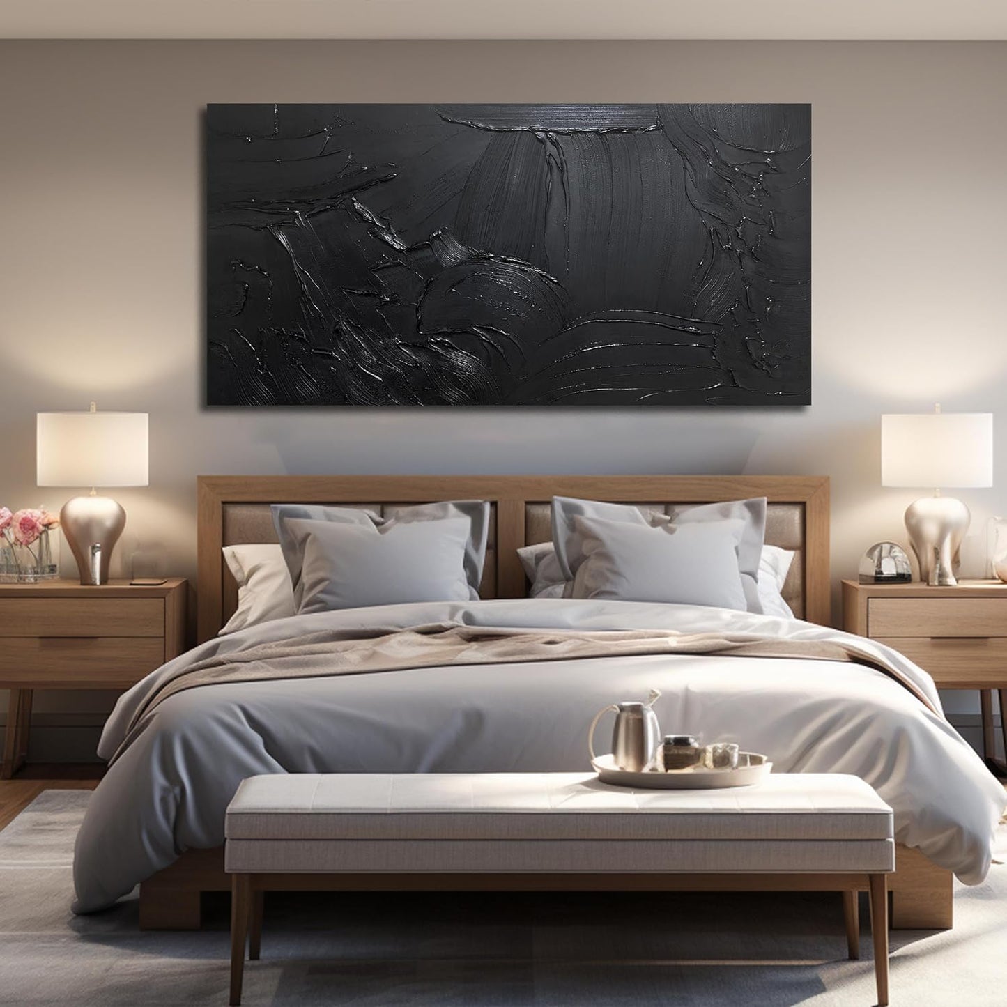 HUBOSKN Abstract Hand Painting Wall Art For Office - Black Huge Canvas Wall Decor For Living Room - Large Modern Wall Art For Bedroom Size 36 x 72 Inch