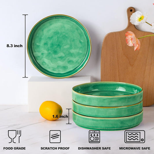 E-far Pasta Bowls Set of 4, 30oz Shallow Salad Bowls for Dinner Serving, 8.25" Stoneware Ceramic Bowl Plates for Noodle Soup, Microwave & Dishwasher Safe, Reactive Glaze, Green