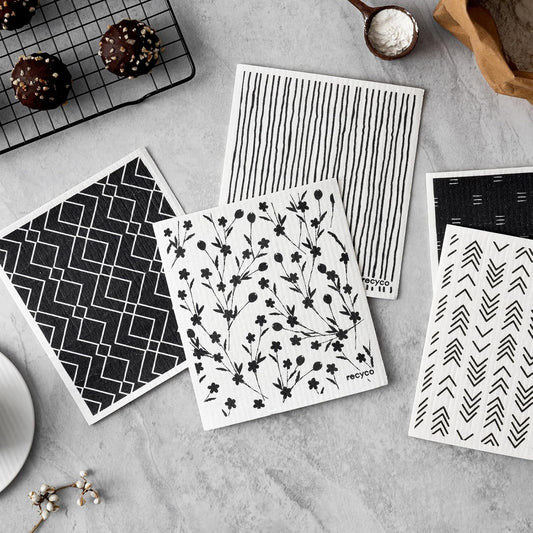 RECYCO Swedish Dishcloths for Kitchen | 5 Pack Geometric Washable Dish Rags | Cellulose Reusable Cleaning Paper Towels | Absorbent Counter Dish Cloth Sponge Kitchen Wipes, 8" L x 7" W