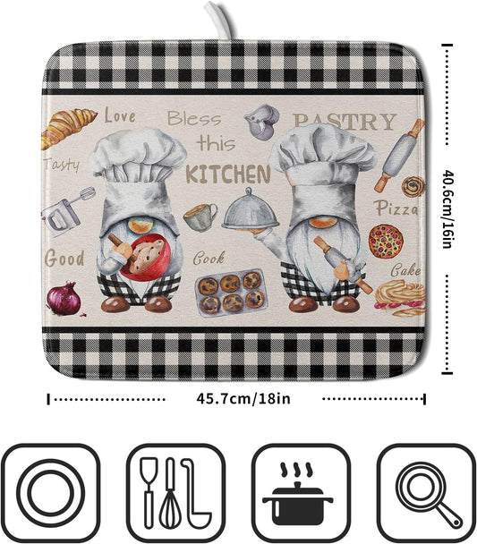 Gnome Chef Dish Drying Mat for Kitchen Counter Decor, Black White Buffalo Checked Dish Drainer Rack Mats Absorbent Microfiber Protector for Countertops Sinks, 16x18 Inch