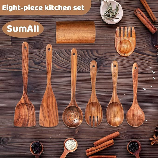 8 PCs Teak Wooden Utensil Set with Hooks, Wooden Spoons for Cooking, Wood Cooking Utensils Set, Comfort Grip, Non Stick Cookware, Easy to Clean, Kitchen Stuff, Wood Spatula